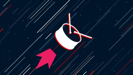 Poster - Drum symbol flies through the universe on a jet propulsion. The symbol in the center is shaking due to high speed. Seamless looped 4k animation on dark blue background with stars