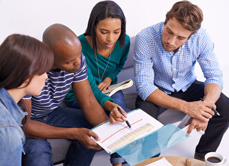 Poster - Business people, documents and group planning, discussion or brainstorming strategy in startup. Diverse team, paperwork and creative designers in collaboration, cooperation and serious in meeting