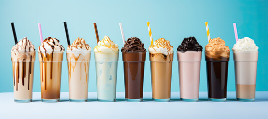 Wall Mural - Different flavors of coffee and milkshakes in tall glasses on pastel blue background