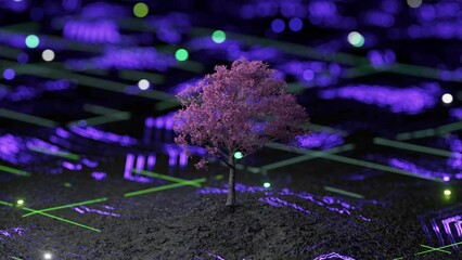 Wall Mural - A lone tree stands amidst glowing purple digital lines on a dark surface, symbolizing nature meets technology.