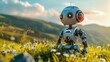 Słodki mały robot siedzi na polu trawy w wiosennym krajobrazie.
