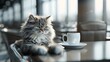 Extravagant fluffy pet drinking his morning coffee portion in modern cafeteria
