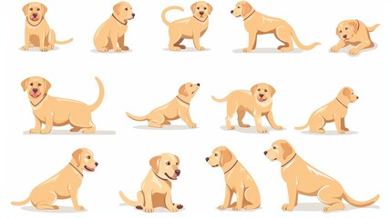 Wall Mural - Labrador retriever pup in sitting, lying, standing, running positions. Animal, pet. Isolated white background with flat modern illustrations showing dog, pup of Labrador retriever breed.