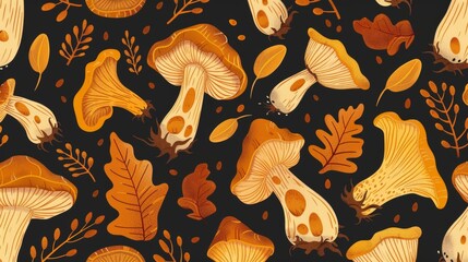 Wall Mural - The pattern of autumn mushrooms is seamless, endless background. Forest fungi food, repeating pattern. Flat graphic modern illustration for wrapping, textiles, fabrics.