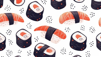 Wall Mural - Continuum sushi, seamless pattern design. Japanese food, endless background print. Continuum sushi, roll, maki, nigiri, repeating pattern design.