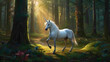 unicorn horse in white color wondering in the forest under the lake with dark blue sky in the front of twinkling of the stars abstract background of the unicorn animal in pure and deep white color  