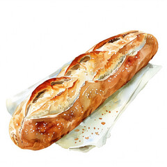 Poster - Watercolor illustration of a freshly baked baguette on a white background with ample space for text, ideal for culinary themes and bakery advertising