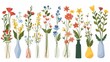 Beautiful spring flowers in vases. Summer bouquets, delicate gifts composition. Fleurs in bloom, botanical natural decorations. Isolated on white. Flat modern illustration.