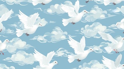 Wall Mural - Flying flocks of birds. White doves in the sky, endless background. The repeated pattern is a winged pigeon flying through the sky, symbolizing freedom. Printable flat modern illustration for fabric