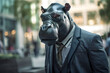Hippopotamus in a business suit walks along a city street portrait