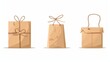 The gift is enclosed in a kraft paper bag decorated with a string bow, rope, and twine decoration. The package is wrapped in a modern surprise wrapping and packed with a modern design. Isolated on