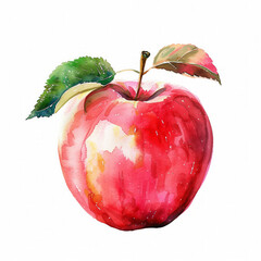 Poster - Vivid watercolor illustration of a red apple with green leaves, suitable for healthy eating concepts or educational material, with space for text on a clean white background