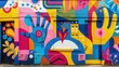 Na obrazie widać kolorowy budynek, na którego boku namalowana jest duża ręka, która przyciąga spojrzenia. Mural jest wyrazem ulicznej miłości do sztuki i kreatywności.