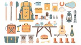 Fototapeta Pokój dzieciecy - An adventure, trekking kit, tourists' tools. Camping equipment, backpack, picnic table, food, guitar, camera, and fire. Flat modern illustrations isolated on white.