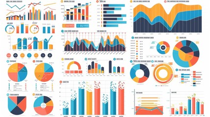 Poster - the graphic depicts financial graphs, charts, pie charts, and bar graphs for business analysis. a fl