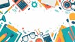 © Mark - School stationery banner with supplies, stuff border. Notebook, glasses, scissors, calculator, paints, notepad, school items on a background of education items. Kids childish flat modern
