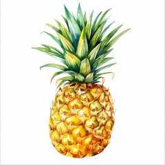 Canvas Print - Vibrant watercolor illustration of a ripe pineapple with a lush green crown on a clean white background, perfect for food and tropical concept designs with copy space