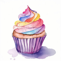 Canvas Print - Watercolor illustration of a vibrant, rainbow-swirled cupcake with ample space for text, ideal for birthday or celebration-themed designs