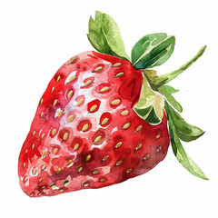 Sticker - Watercolor illustration of a ripe strawberry with vibrant reds and greens, ideal for culinary themes and backgrounds with ample space for text