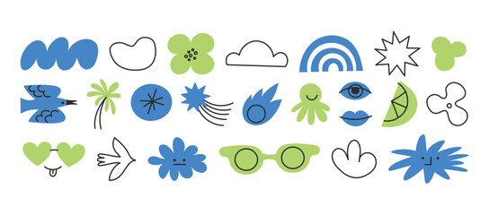 Aufkleber - Vector set of stickers, scribbles and doodles in simple linear hand drawn style with copy space, minimal monoline design elements for posters, social media, print, banners