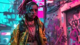 Fototapeta  - Wytatuowana młoda kobieta o dredach ubrana w cyberpunkowy styl spaceruje w centrum miasta, w tle widoczna brutalistyczna architektura ulicy.