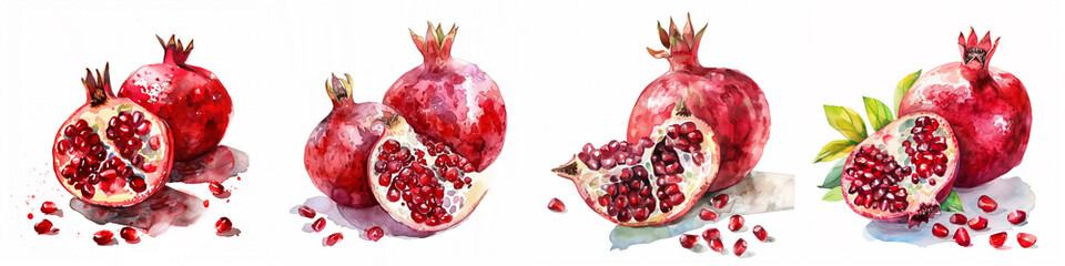 Wall Mural - Collection of vibrant watercolor illustration of fresh, ripe pomegranate with one sliced piece, suitable for culinary themes, recipe backgrounds, or healthy eating concepts