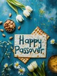 Jewish holiday happy Passover greeting card concept with matzah, nuts, tulip and daisy flowers