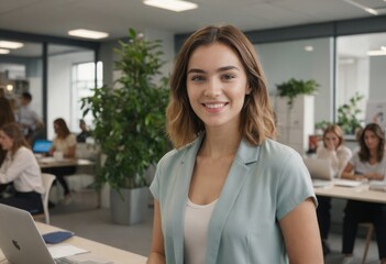 Sticker - An adult woman poses with a smile in a modern office space. She is surrounded by her team actively working in the background.