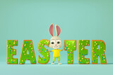 Fototapeta Dmuchawce - Cute bunny staying near colorful Easter balloons. 3D cartoon character