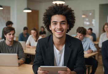 Canvas Print - A smiling young entrepreneur with a tablet, exuding charisma and approachability in a casual office.