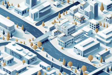 Wall Mural - Isometric map or scheme of city with downtown industrial district suburban area paper white buildings houses and river. 