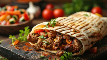 Wall Mural - Delicious Greek gyros wrapped in pita bread. Shawarma, grilled pita on dark background. With fresh meat and vegetables. 