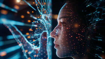 Facial Recognition Technology. Scanning. Halogram. Eye pupil scanning. Smart security systems. Deepfake