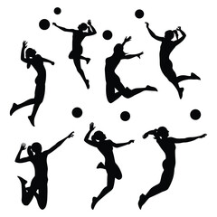 set of silhouettes of female volleyball athlete with different pose, gesture, movement. isolated on white background.