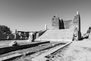 Wall Mural - Black and white photo showing the foundations of ancient roman buildings at archaeological park in Italy