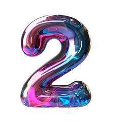 3d glossy holographic number 2. glass or liquid metal in neon rainbow colors. two sign render in inflated balloon bubble shape. isolated