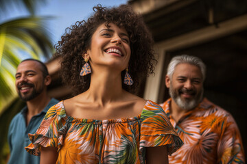 Joyful Multi-Ethnic Group of Adults in Tropical Attire, Sharing a Laugh Amidst Palm Trees, Embodying Warmth and Leisure