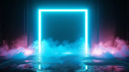 Leinwandbilder - Scene with blue neon lights and smoke. Empty background with asphalt blue street.
