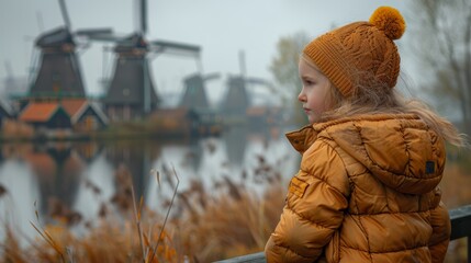 Canvas Print - In front of windmills, a little girl