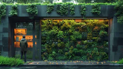 Poster - Green cafe with hydroponic plants, urban environment concept, eco-architecture. Modern building covered in green plants.