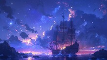 A Study Voyage On An Old Sailing Ship, Characters Navigating By The Stars, Maritime Lo-fi Tunes Guiding Them