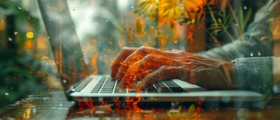 Wall Mural - A double exposure of a businessman working on a laptop computer on a wooden desk with blank screen