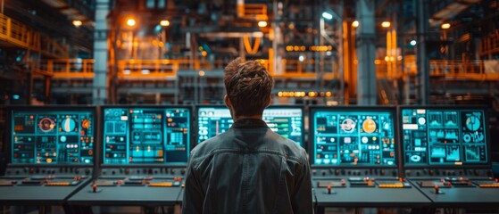 Poster - A smart factory with a process control room and automation in line with industry 4.0 trend concept. An engineer and director manager monitor real-time work automation process in the factory.