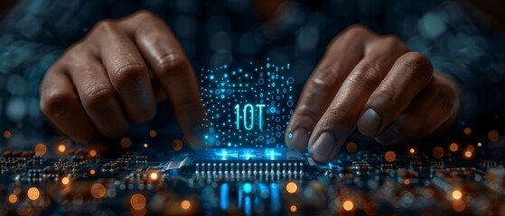 Fototapete - An abstract chip with the text IoT on it is selected by a businessman on the virtual display on a virtual screen.