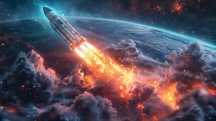 Leinwandbilder - In digital futuristic style, a rocket is launched with a smartphone alongside a spaceship, illustrating the start of a project. Modern illustration of the rocket launch concept.