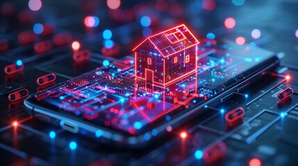 Leinwandbilder - A mobile phone with medicine capsules and a house. A medicine delivery, track and trace concept. Low poly style. Geometric background. Wireframe light connection structure. Modern 3D graphics.