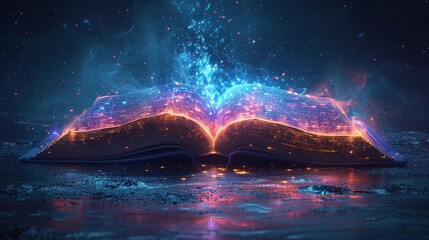 Leinwandbilder - Digital education concept with a beam of light emanating from an open book. Modern illustration on a dark night background.