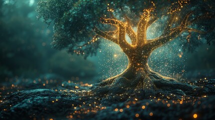 Poster - The concept of tree growth in a futuristic digital polygonal style. A source of natural energy or artificial intelligence. Modern illustration.