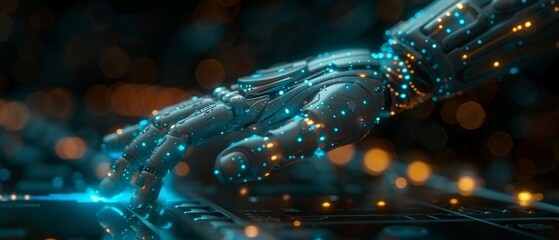 Fototapete - A hand-held digital chatbot to access information and data in online networks, robot applications and global connections.