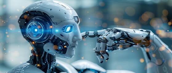 Poster - The hand of a robot touches a modern interface and an AI word (artificial intelligence). Technology and innovation are linked together in new eras of innovation.